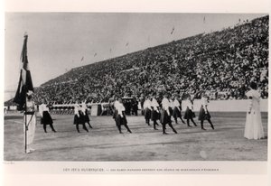 Duńskie kobiety dające pokaz grupowej sesji gimnastycznej na Igrzyskach Olimpijskich w Atenach, z Les Sports Modernes, 1906